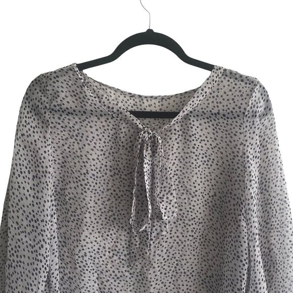 SILK Popover Printed Semi-Sheer Blouse With Tie Neck Grey Blue M - Picture 2 of 10